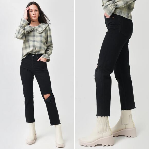 RE/DONE Originals 70s Stove Pipe Jeans‎ Noir with Rip Size 24 Black Straight Leg - Picture 1 of 16